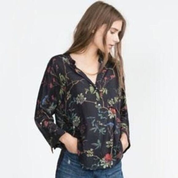 ZARA Floral Lightweight Black Blouse Women's Sz S - Picture 1 of 7